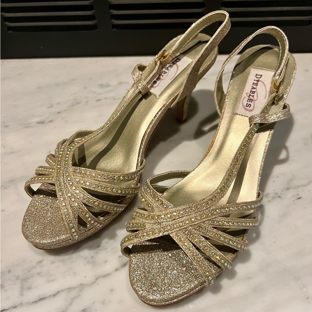 Dyeables Alyssa Gold Glitter Strappy Heels 9.5 D - Special Occasion - Unworn